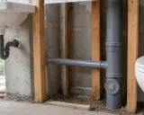 Instalacja kanalizacyjna z szarymi rurami, widoczny syfon umywalki i fragment toalety. To początek budowy systemu kanalizacji ciśnieniowej.