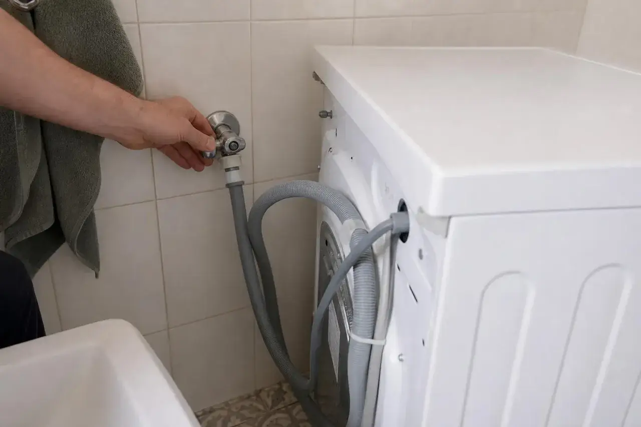 Ręka zakręca zawór wody do pralki, która nie pobiera wody.