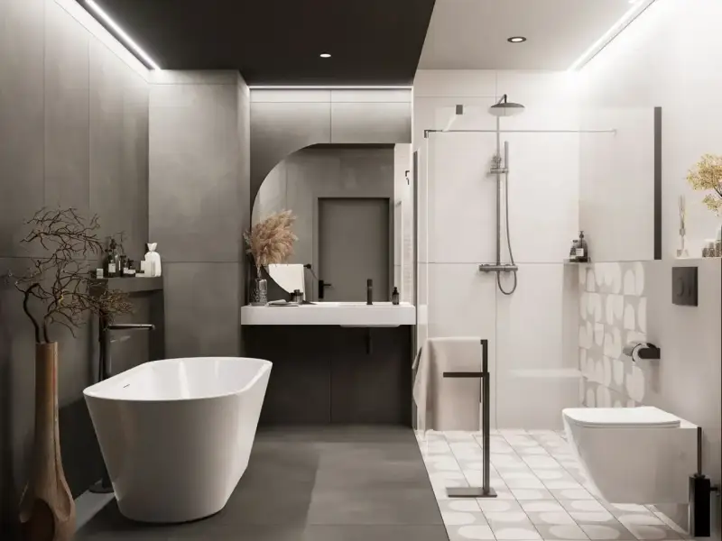 Nowoczesna łazienka z wanną i prysznicem. Efektowne układanie płytek 120x60 na ścianie dodaje elegancji.