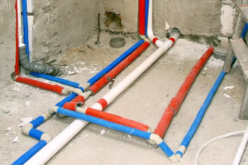 Skomplikowana instalacja wodociągowa z rurami w kolorach czerwonym, niebieskim i białym, przygotowana do ukrycia w ścianie.